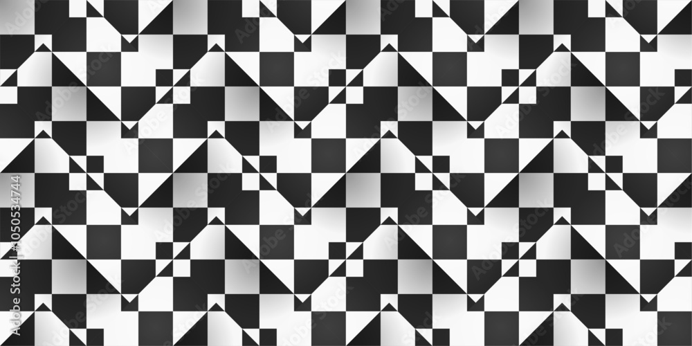 Poster Diagonal chess volumetric pattern. Zig-zag checkerboard, stylish design of mosaic black and white surface.