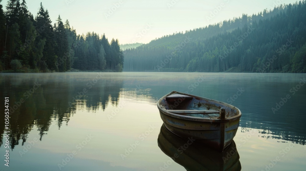 Aufkleber a serene lake surrounded by towering pine trees with a small wooden rowboat at dawn, tranquil settin