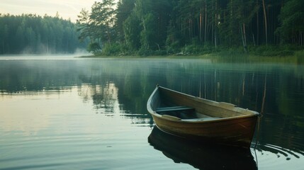 Obraz premium A serene lake surrounded by towering pine trees with a small wooden rowboat at dawn, tranquil setting with soft morning light, Rustic style