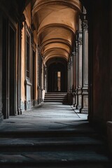 Obraz premium A long hallway with columns and a clock on the wall