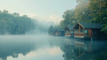 Fototapeta premium A serene lakeside retreat with cozy cabins, misty morning fog, and calm