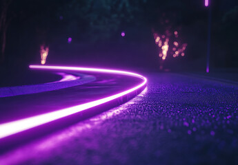 Abstract background with purple light lines and motion blur on a dark surface, featuring a curved road to represent speed and innovation in technology concepts.