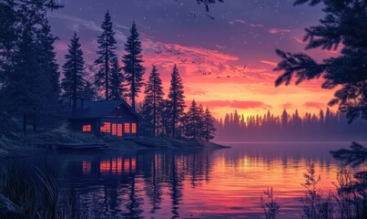 Serene lakeside cabin among pine trees at sunset. Generative AI image