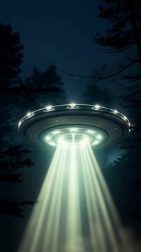 Group of people witness an illuminated UFO hovering above a misty forest clearing, emitting beams of light, vertical video