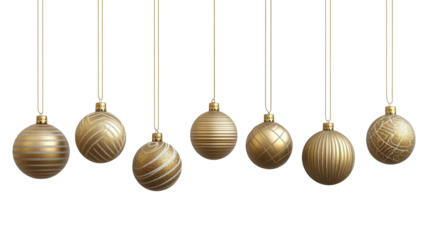 Bolas decorativas de Navidad de color dorado colgando, fondo blanco