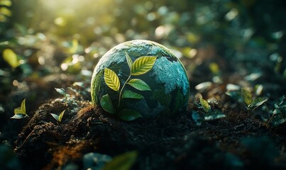 Eco-Friendly World: Green Earth with Growing Plant in Lush Environment, Daylight Emphasizing Sustainability and Environmental Conservation Concept, Generative AI