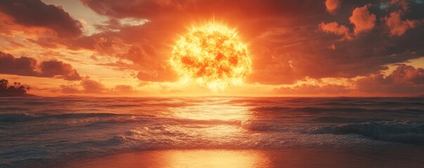 Dramatic Nuclear Explosion at Sea During Sunset with Surging Waves and Fiery Sky, Concept of War Destruction Apocalypse, Stunning Environmental Impact, Generative AI