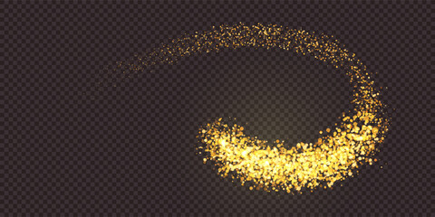Golden glitter dust swirl as a firework or comet swoosh. Gold element. Magic light trail. Sparkling festive element of design. Abstract vector illustration with overlay effect. © Kusandra