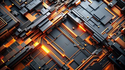 Low angle view of technological art with bright orange and dark gray colors