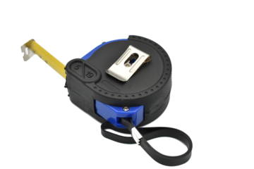 Construction tape measure in a dark case with a yellow ruler.