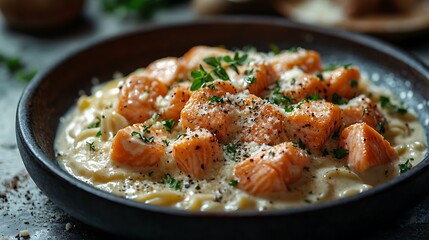 A creamy pasta dish with chunks of tender salmon, freshly grated parmesan, and a garnish of herbs, served on a dark ceramic plate, soft shadows adding depth, light enhancing the creamy sauce,