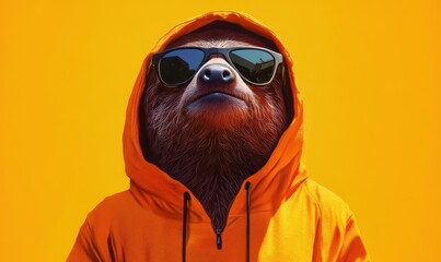 Generative AI illustration of cool sloth in an orange hoodie and trendy sunglasses poses confidently against a bright yellow background