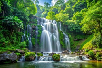 Obraz premium lush green forested landscape with cascading waterfall