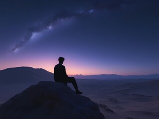 Fototapeta premium A person sitting alone on a rock in the middle of a vast desert at twilight, stars beginning to appear in the sky, emphasizing a sense of solitude and self-reflection