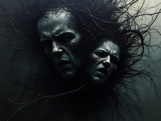 Chaotic anxiety illustrated by an intense abstract composition of jagged, erratic lines and overlapping dark colors, conveying a sense of unease