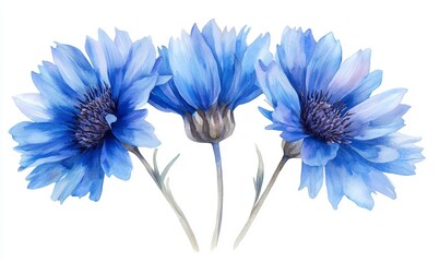 Obraz premium Vibrant Watercolour Illustration of Three Blue Cornflower Knapweed Flowers on White Background - Spring Floral Blooming Concept, Generative AI