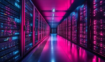 Futuristic Data Centre with Neon-Lit Servers, Cybersecurity Concept: Modern Technology Infrastructure, High-Tech Network Hub, Generative AI