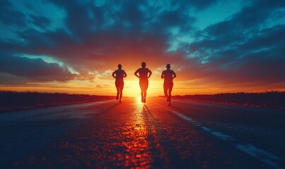 Runners Approaching Finish Line at Sunset, Success and Achievement Concept, Inspirational Sports Image Showing Three Athletes Striving Towards Their Goal on Open Road, Victory and, Generative AI