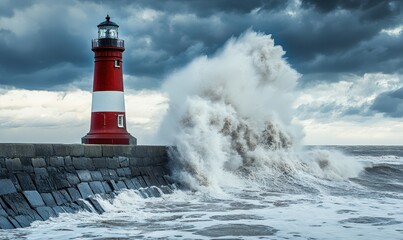 Stormy sea with waves crashing near a coastal lighthouse