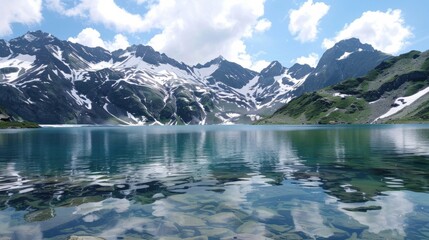 A serene mountain lake with crystal-clear waters, outdoor setting with snow-capped peaks, Alpine style