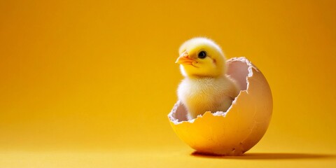 A cute yellow chick hatching from its egg. The bright yellow background adds warmth and joy. This image captures the essence of new beginnings and innocence. AI