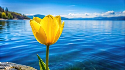 Macro wild yellow tulip against blue lake water in spring