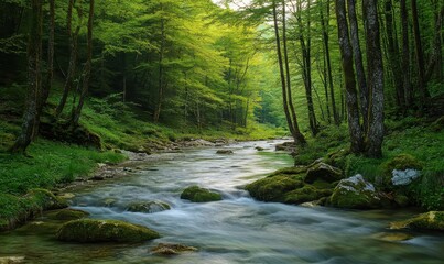 Obraz premium River meandering through green forest