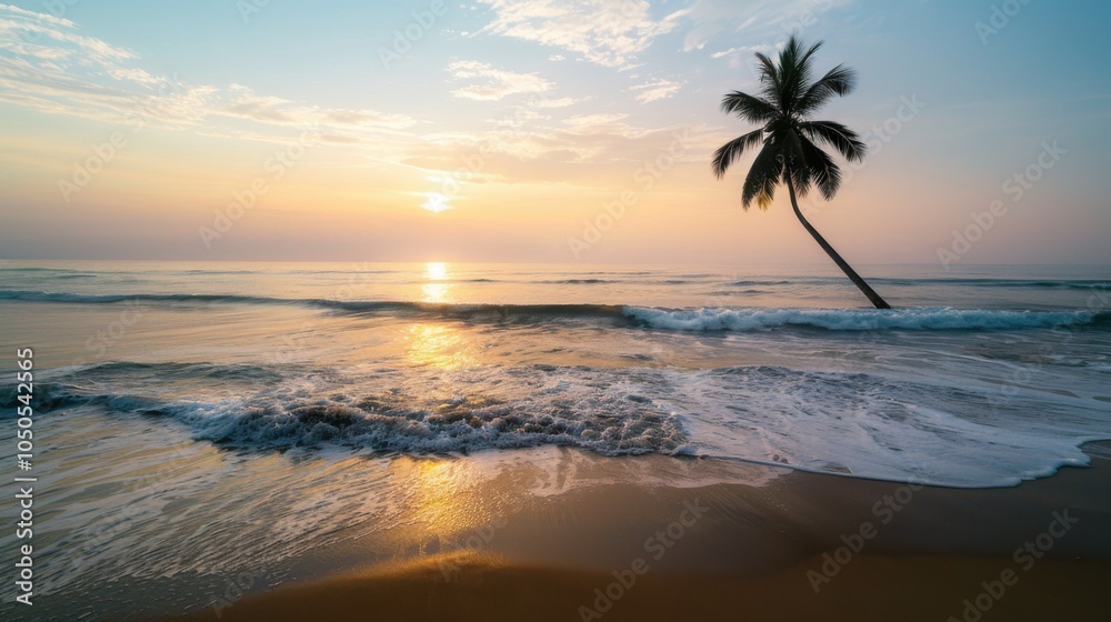 Aufkleber a serene sunrise over a tranquil beach with gentle waves and a lone palm tree, tropical setting with