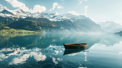 A serene Swiss alpine lake with reflections of snow-capped mountains and a small wooden boat floating on the calm water, tranquil setting with alpine beauty, Swiss Alpine Lake style