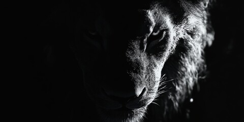 A lion emerging from the shadows with a fearless gaze, symbolizing courage to face fears