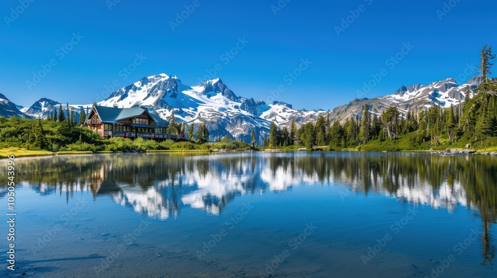 Poster a serene view of a mountain lodge overlooking a pristine alpine lake with snow-capped peaks in the d