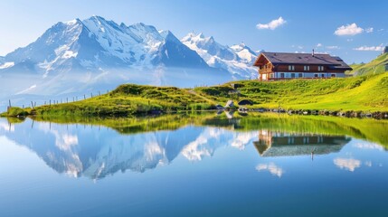 Naklejka premium A serene view of a mountain lodge overlooking a pristine alpine lake with snow-capped peaks in the distance and a clear, blue sky, peaceful setting with cool