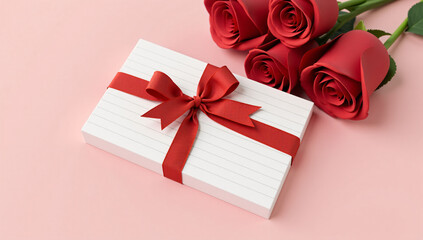 A white gift box tied with a red ribbon, paired with vibrant red roses, set against a soft pink background. Ideal for romantic gifts, Valentine's Day, or celebration themes.