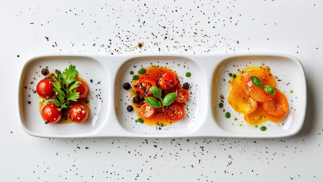 top view of 3 dish American food style decorate on white dish isolated on white background, minimal and modern food decoration 