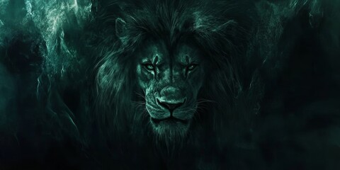 A lion emerging from the shadows with a fearless gaze, symbolizing courage to face fears