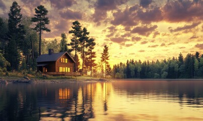 Fototapeta premium Serene lakeside cabin among pine trees at sunset. Generative AI image