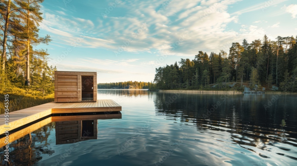 Poster a serene view of a traditional finnish sauna by a tranquil lake with a backdrop of dense pine forest