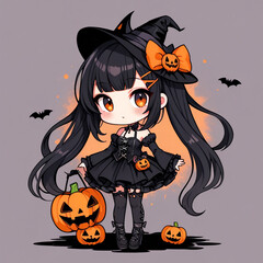 Cute chibi anime girl with halloween elements