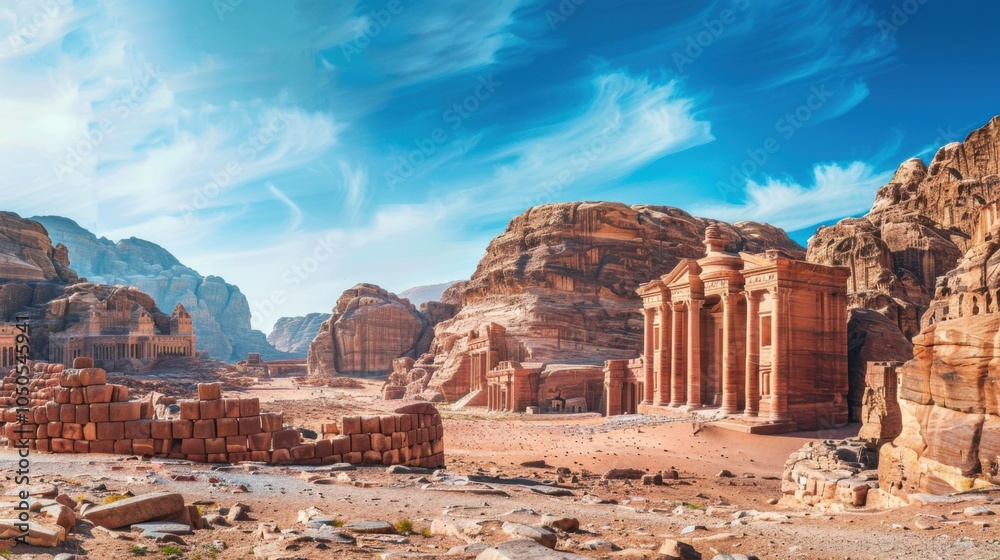 Aufkleber a serene view of the ancient city of petra with its rose-red rock-cut architecture and the dramatic 
