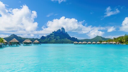 Naklejka premium A serene view of Bora Bora with its iconic lagoon and overwater bungalows against a backdrop of distant mountains, tropical setting with crystal-clear water, Luxury style