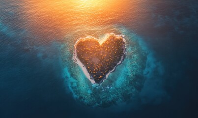 Fototapeta premium Caribbean Island in the Shape of a Love Heart. Sunset Aerial View, Travel Concept. Generative AI.