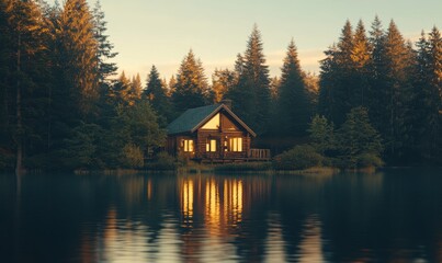 Fototapeta premium Serene lakeside cabin among pine trees at sunset. Generative AI image
