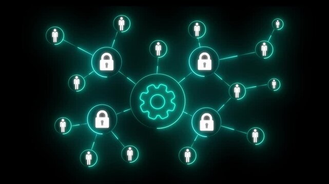 glowing cyan neon lock and man icon with gear settings icon.  of document sign with cogwheel gear icon isolated on black background.