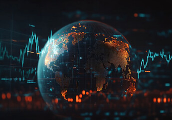 Abstract digital globe with glowing connections symbolizing global network and connectivity in artificial intelligence, illustrating data transfer between interconnected nodes.