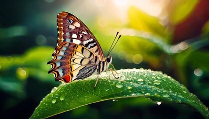 Butterfly on a Dewy Flower in Morning Light