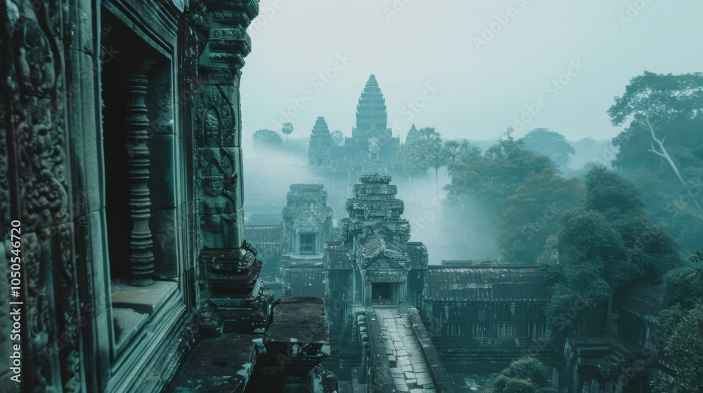 Aufkleber a serene view of the ancient temples and lush greenery of angkor wat with morning fog and historical