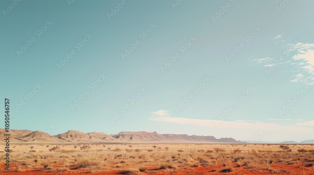 Poster A serene view of the Australian Outback with vast red deserts and distant mountain ranges under a bright, clear sky, desert setting with expansive beauty