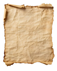 Fototapeta premium Aged parchment paper with rough, torn edges, showcasing a vintage and worn appearance. Ideal for antique-themed projects, crafts, or historical documents. Isolated on transparent background, png.