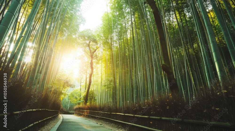Aufkleber a serene view of the bamboo forests in kyoto with sunbeams filtering through the tall, green stalks 