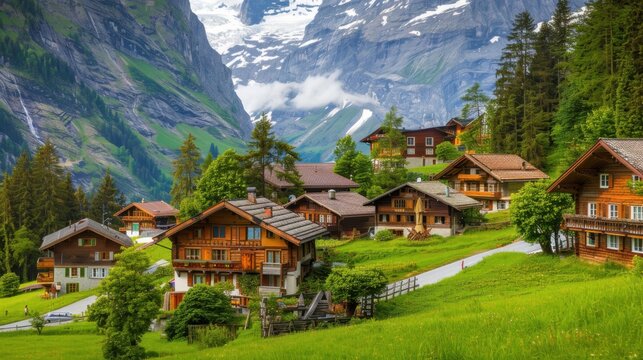 A serene view of the charming village of Gimmelwald in Switzerland with traditional alpine chalets nestled among lush green meadows and surrounded by snow-capped mountains